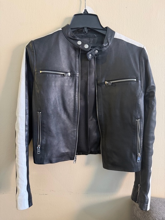 Wilsons Leather Jackets & Blazers - Wilsons Leather Black Leather Jacket with White Sleeve Stripes